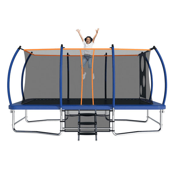Netrum 10 x 16ft Rectangle Trampoline for Kids and Adults, Outdoor Recreational Curved Poles Trampoline with Football Goal Net & Storage Bag & Ladder, 440LBS Bearing Bounce Trampoline Blue