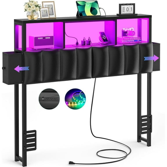 iSunirm Upholstered Twin Headboard with Hidden Drawer Storage, Twin Size Bed Headboard with Power Outlet and LED Light, Free Standable, Sturdy and Stable Meta Frame, Noisy Free,Black