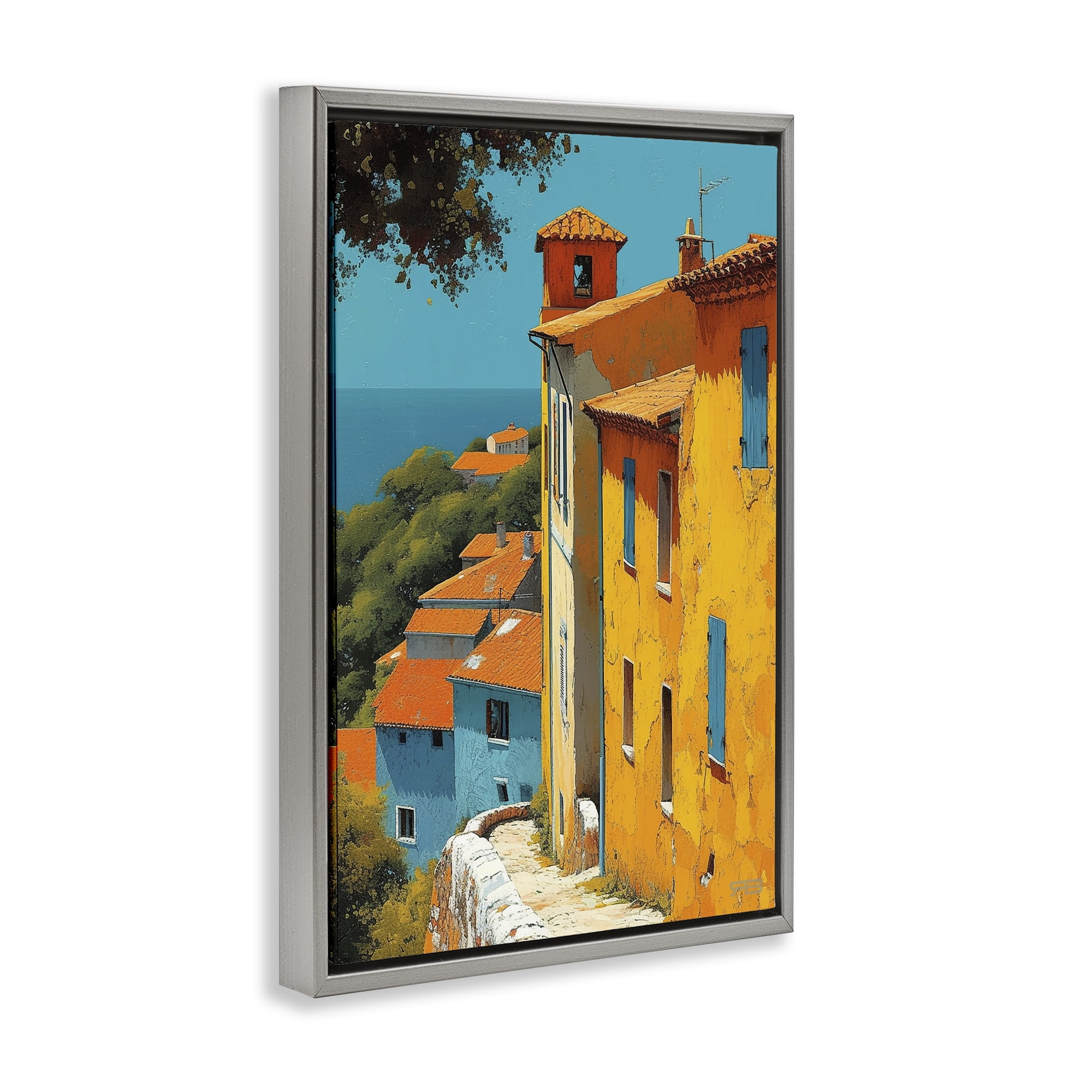 Stupell Industries Tall Buildings by Sea Buildings & Architecture Painting Gray Floater Framed Canvas Art Print Wall Art, 21 x 31