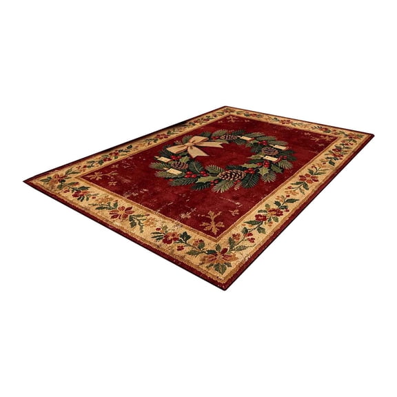 Christmas Wreath Area Rug, Vintage Holiday Floor Carpet with Pinecone Holly Berry Bow Pattern, Non‑Slip Soft Decorative Rug for Living Room Bedroom Entryway, Xmas Indoor Home Decoration