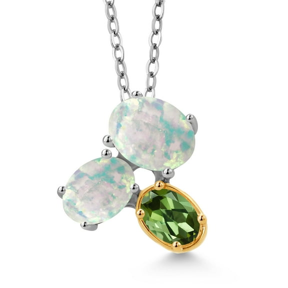 925 Silver and 10K Yellow Gold White Opal and Green Tourmaline Pendant Necklace for Women (2.50 Cttw, Oval Cabochon 8X6MM, 7X5MM and 6X4MM, Gemstone October Birthstone, with 18 inch Chain)