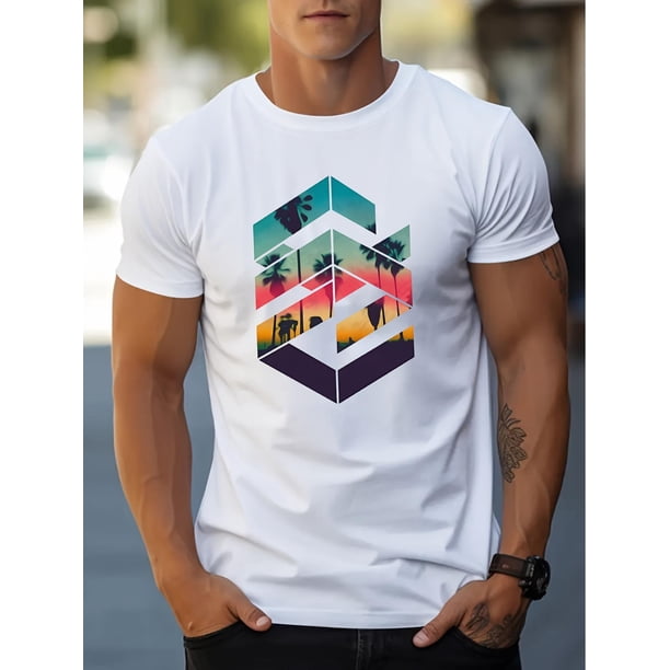 Camiseta elegante con estampado geométrico para hombre, top informal de verano, cómoda y de moda, cuello redondo, manga corta, adecuada para uso diario. Camiseta para adultos, hombres, mujeres, adoles