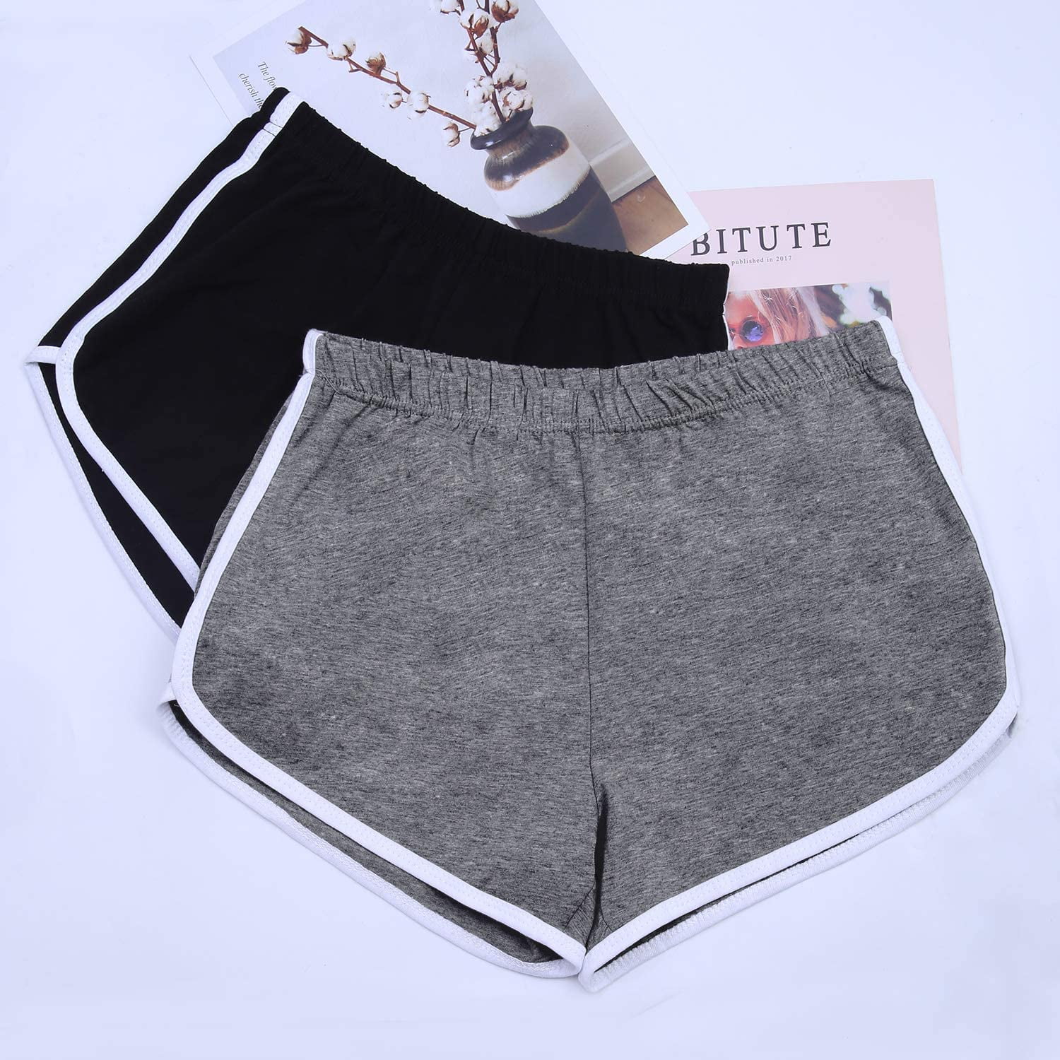 2 Pack Cotton Sport Shorts Yoga Dance Short Pants Summer Athletic Shorts,  Black, Dark Grey (XL) 