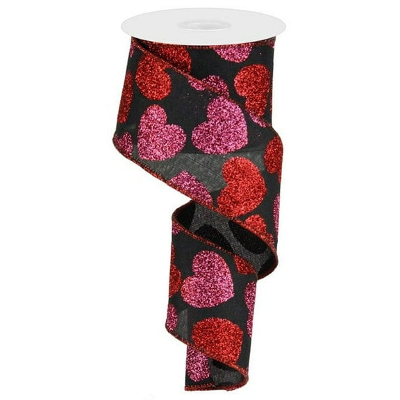 Glitter Hearts Wired Edge Ribbon, 10 Yards (Black, Red, Pink, 2.5")