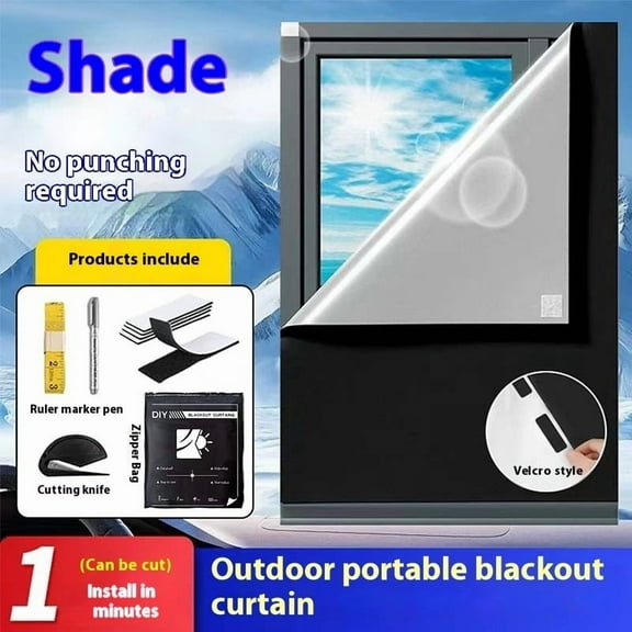 420D sunshade curtain, no punching, can be cut and portable curtain 57"x157"(Light shielding cloth) 8 pairs of Velcro tape measure cutting knife 15 pieces of backing adhesive tape marker pen)