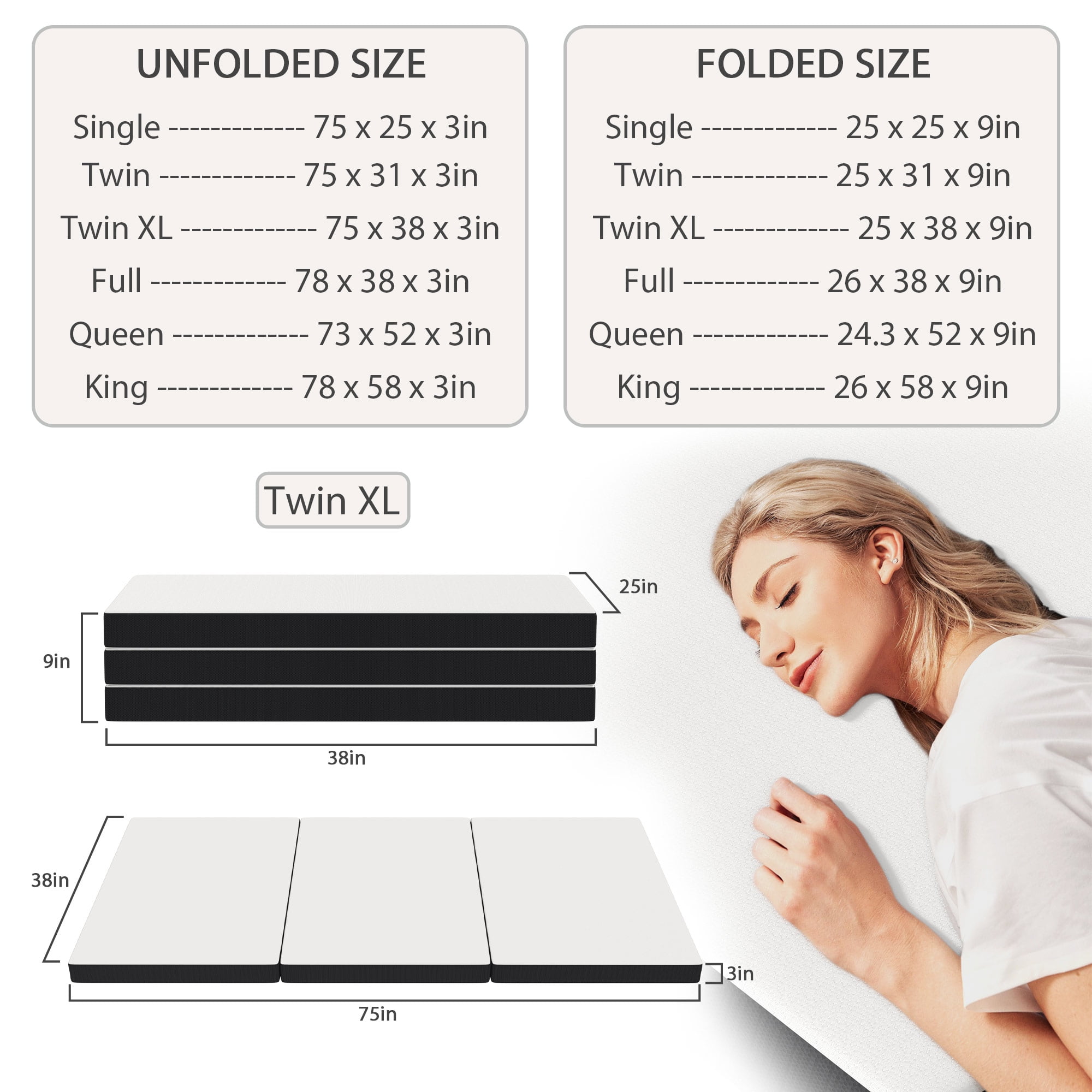 YRLLENSDAN 3 inch Folding Mattress Tri Fold Memory Foam Mattress Topper Portable Foldable Mattress Topper with Washable Cover Non-Slip Bottom for Camping Guest Floor RV, Twin