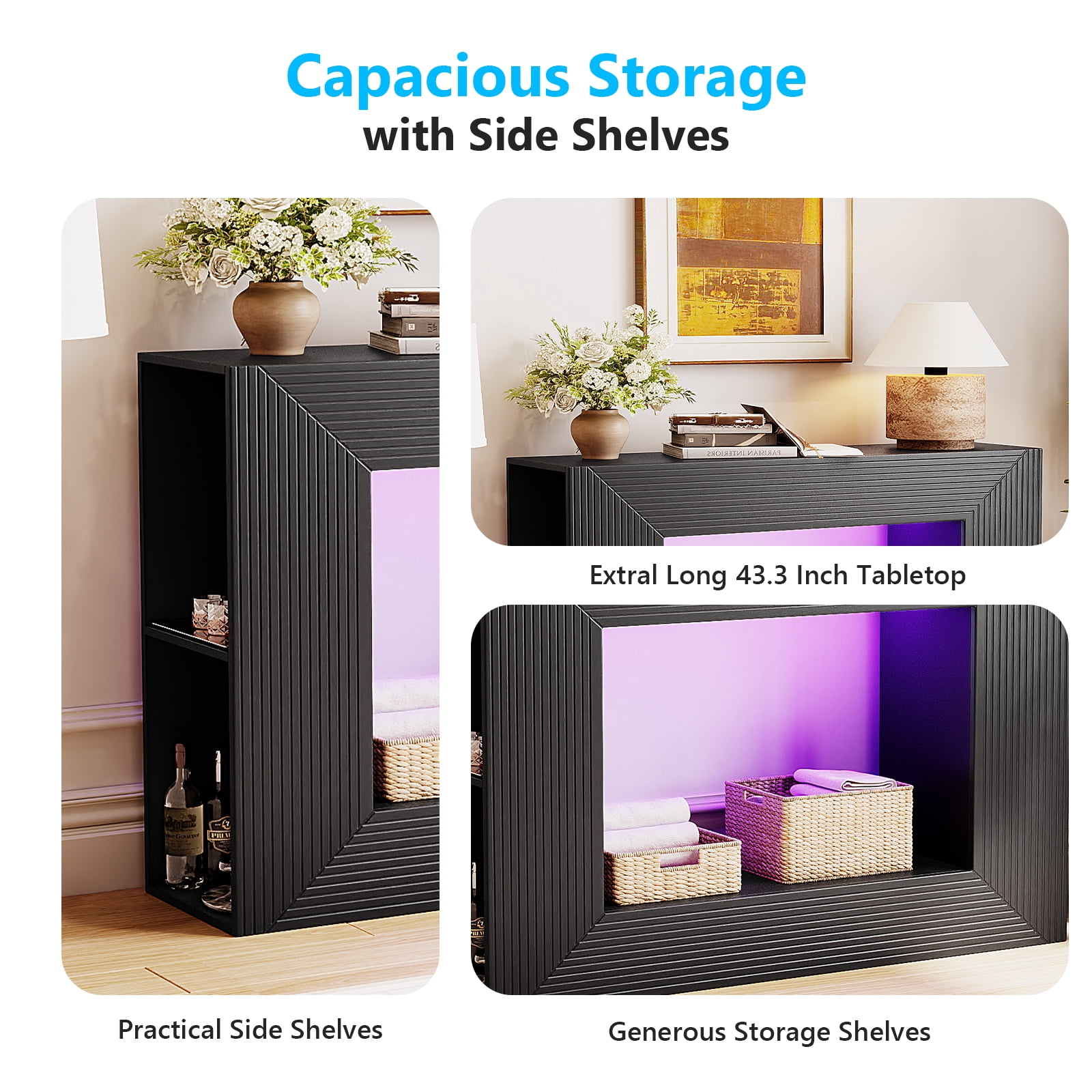 Ktaxon Modern Console Table with LED Light for Entryway, 43" Sofa Side Table with 4 Open Shelves Storage, Farmhouse Display Table Behind the Couch, Black