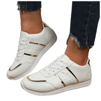 Rokment Womens Metallic Gold Low Top Fashion Sneakers Trendy Casual Leather Running Walking Tennis Flat Shoes White Size 8.5