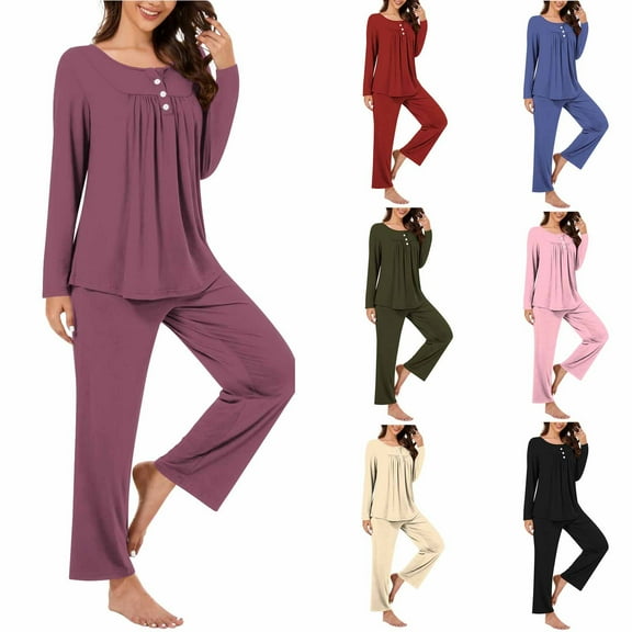 Sentmoon 2 Piece Lounge Set Women Women Tops Trendy and Womens Casual Pants Oversized Crew Neck Pajamas for Women Long Sleeve with Print Button up Sleepwear for Women Winter for Casual Outings