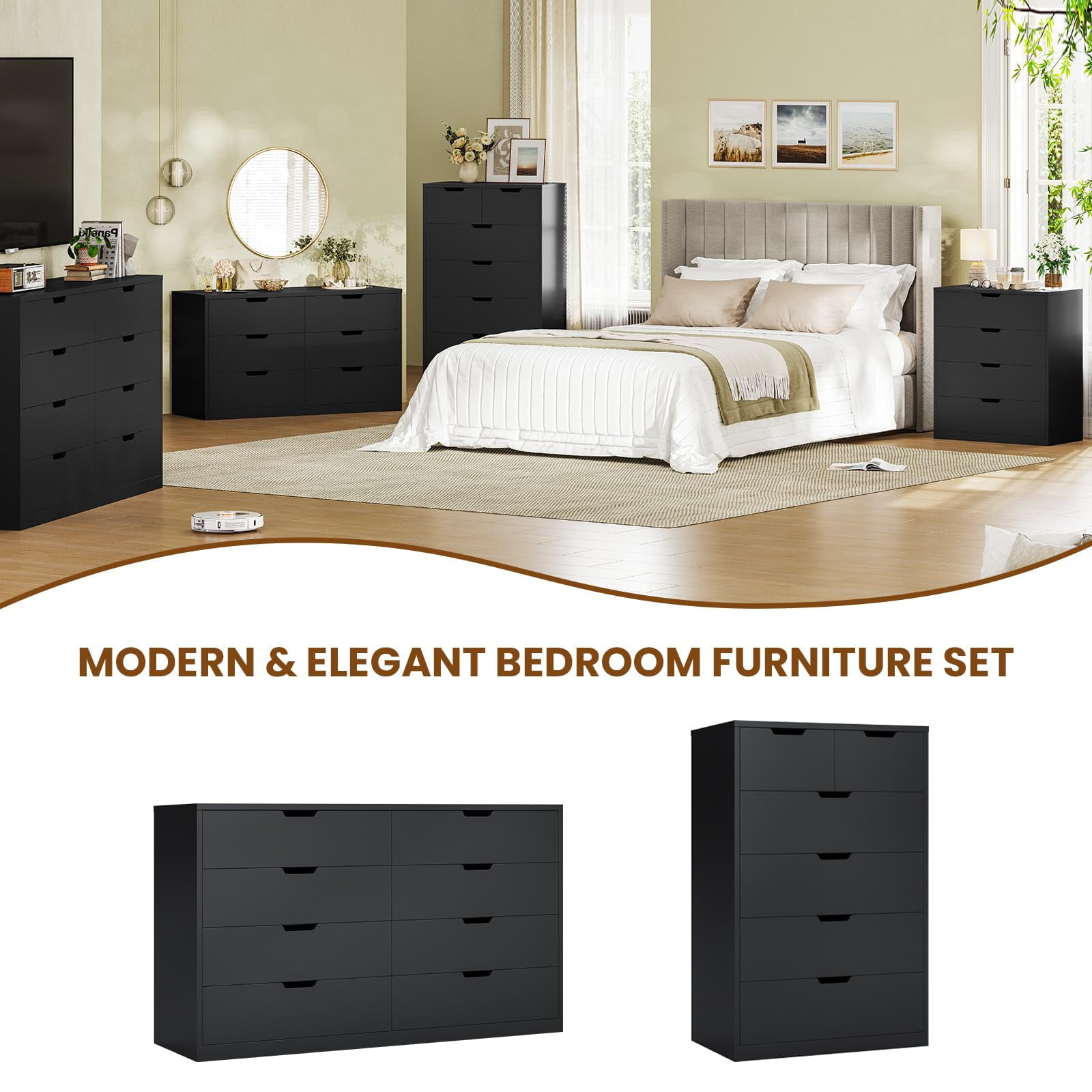 Afuhokles Wood Dresser 8 Drawer Double Tier Dresser, Modern Wood Chest of Drawer for Living Room, Bedroom, Black