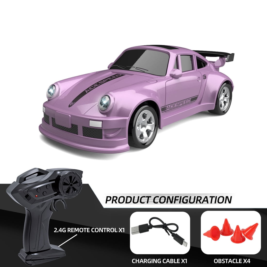 1/64 Scale 4WD Mini Drift RC Car 2.4Ghz Proportional Control 15km/h High Speed with Multi LED Lights USB Rechargeable Desktop Remote Control Car for Adults and Hobbyists - FQD23