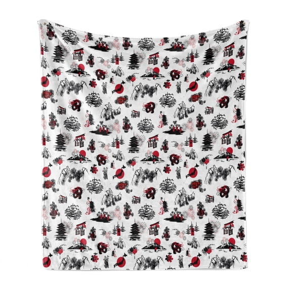 East Soft Flannel Fleece Throw Blanket, Japanese Architecture Towers Palaces Houses Sketchy Silhouettes Dragon, Cozy Plush for Indoor and Outdoor Use, 50" x 60", Dark Coral Black White, by Ambesonne