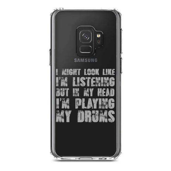 DistinctInk Clear Shockproof Hybrid Case for Samsung Galaxy S9 (5.8" Screen) - TPU Bumper Acrylic Back Tempered Glass Screen Protector - In My Head, I'm Playing Drums