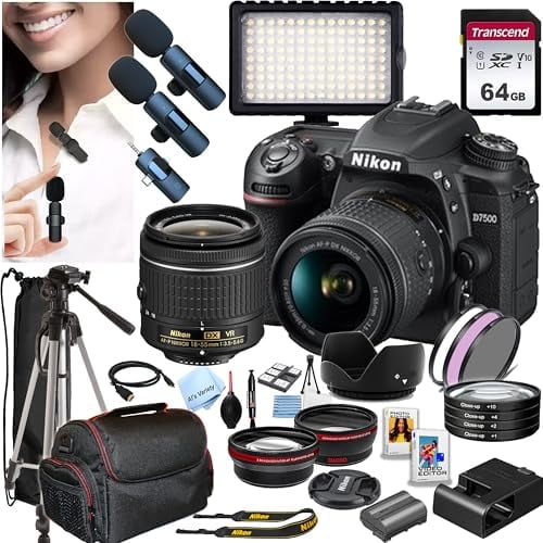 Nikon D7500 DSLR Camera with 18-55mm Lens   64GB Memory,Wireless Lavalier Microphones, 126 LED Light, Filters,Case, Tripod, and More (34pc Bundle)(International Model)