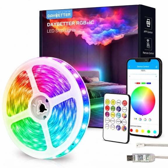 DAYBETTER 16.4ft RGB LED Strip Lights, Music Sync & Color Changing, with Smart App & Remote Control for Bedroom, Home Decor, Party Decoration(1 Pack)