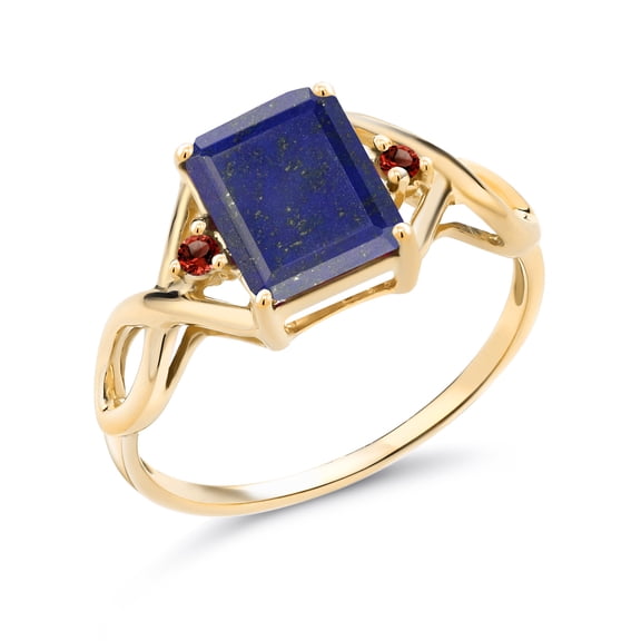 Gem Stone King 2.10 Ct Emerald Cut Blue Lapis Red Garnet 18K Yellow Gold Plated Silver Ring (Size 9)
