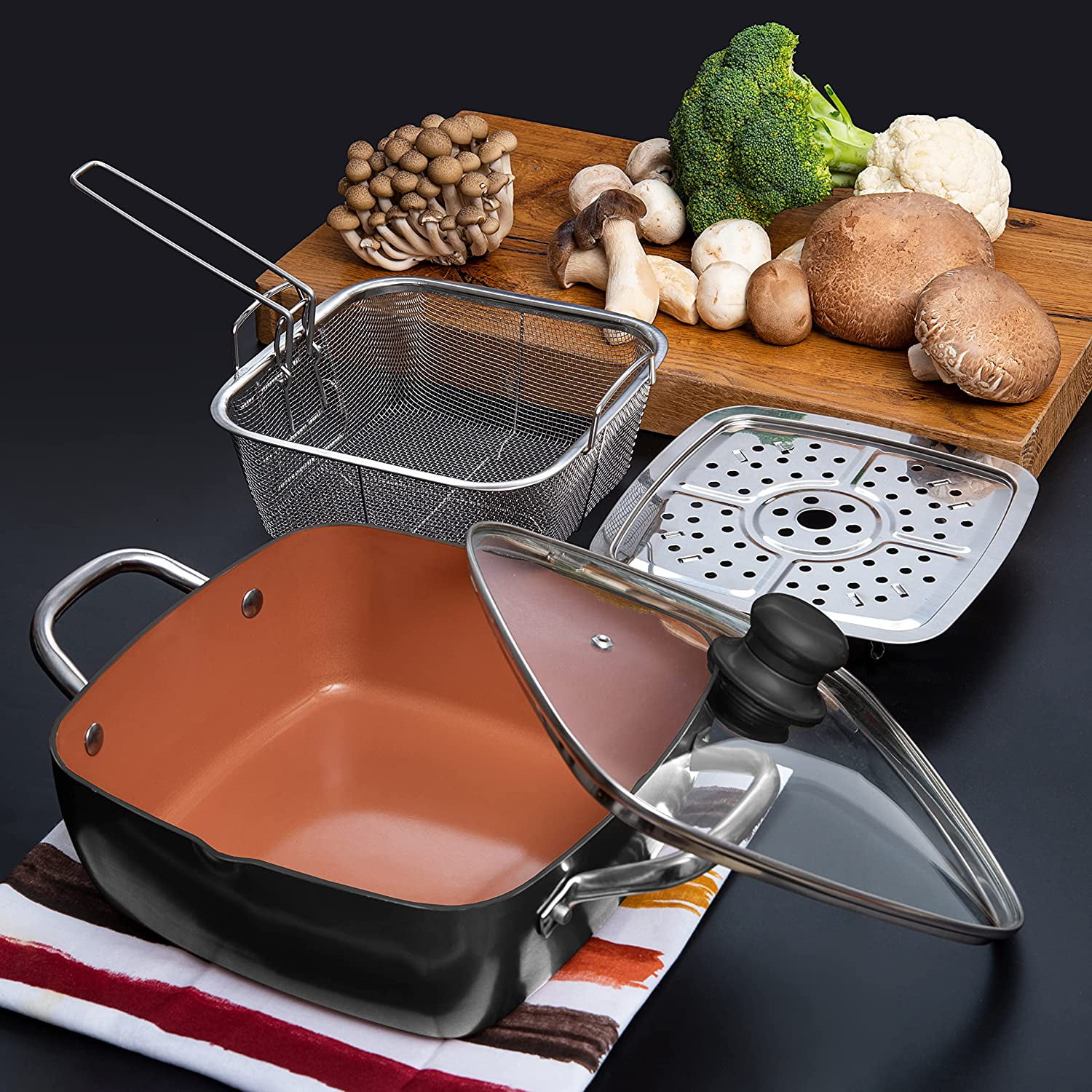 Moss & Stone Copper 5 Piece Set Chef Cookware, 9.5” Non Stick Pan, Deep Square Pan, Fry Basket, Steamer Tray, Dishwasher & Oven Safe, 5 Quart Copper Pot Set, Black Induction Cookware Set