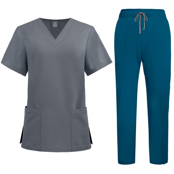 Resivox Scrubs for Women Set Plus Size Nurse Uniforms Petite V Neck Yoga Scrub Pants and Tops Jogger Scrubs Medical Uniforms Scrub Sets Light Gray 2XL