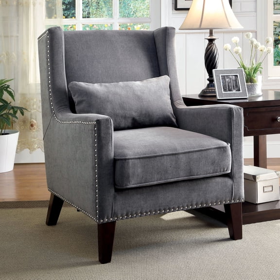 Zema Wing Back Fabric Accent Chair, Gray and Dark Walnut
