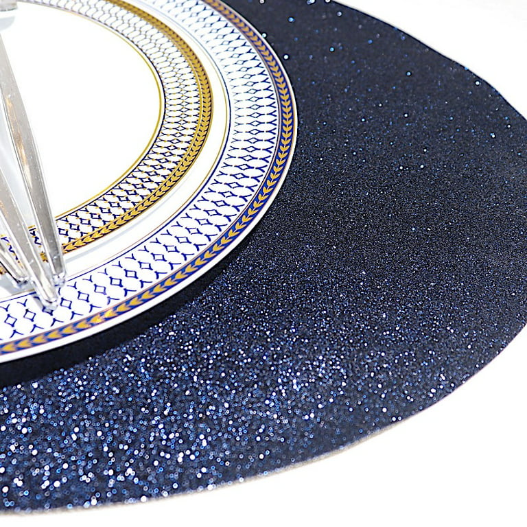 6 Pcs 13 Round Glittered Faux Leather Placemats Navy Blue