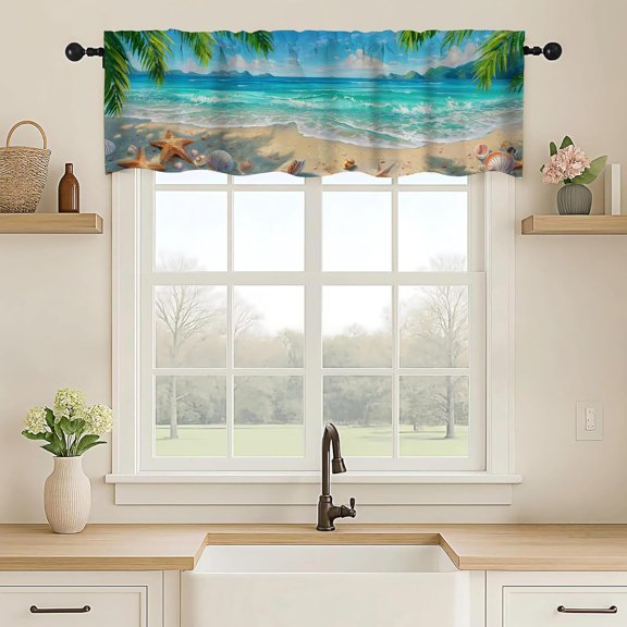 Coastal Beach Valance Curtains 18x54 Inch,1 Panel,Windows Rod Pocket Valance Window Treatment for Kitchen,Bedroom Living Room,Bathroom,RV,Home Decor,Navy Blue Starfish Shell Conch Nautical