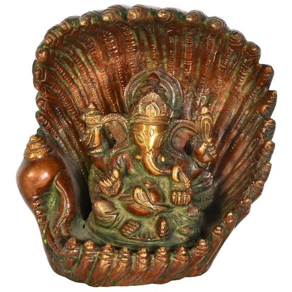 5" Ganesha Idol Seated in Oyster Brass Statue | Pearl Ganesha | Handmade Sculpture