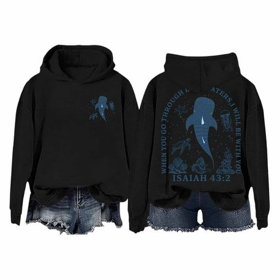 XIAONU Hoodies For Womens Whale Print Trendy Hooded Sweatshirt Oversized Baggy Long-Sleeve Pleasure Pullover Hoodie