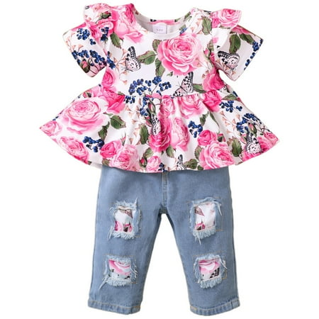 

Girls Popular Floral Printed Skirt Style Top With Patch Denim Set For Babies From 3-24 Months Old Outfits Sets Baby Fashion Dailywear Child Clothing