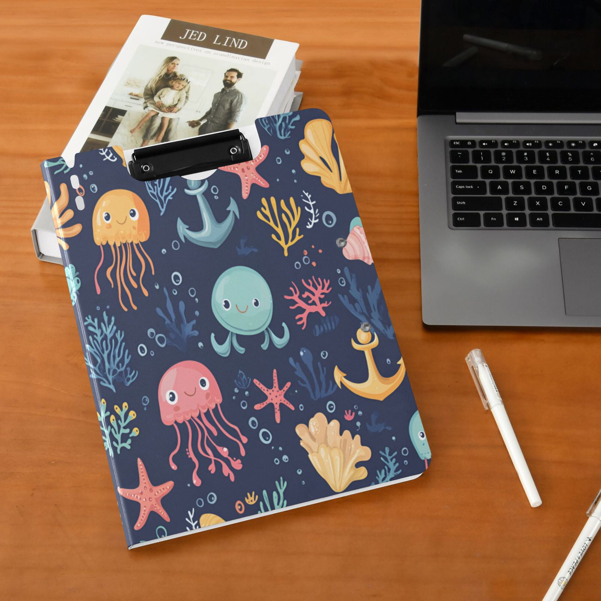 FORMRS A4 Clipboard Folder with Pen Holder Horizontal Foldable School Office Binder, Red Jellyfish