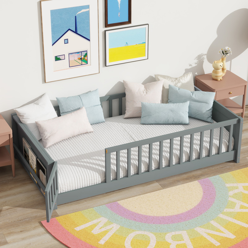 Mirightone Twin Size Floor Bed with Rails and Door, Wood Montessori Floor Bed with Storage Bookcase,&nbsp;Montessori Bed Frame with Fence, Grey