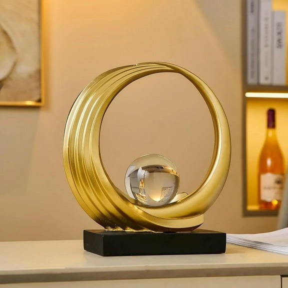 Modern Abstract Golden Resin Circle Crystal Ball Sculpture Elegant Decor
