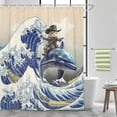 thumbnail image 2 of Funny Cat Shower Curtain with Cool Cowboy Cat Riding Dolphin on Japanese Ocean Wave, Cute Hilarious Anime Boys Girls Bathroom Decor Set Hooks Included 36X70IN, 2 of 3
