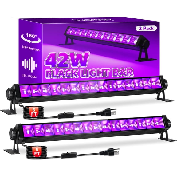 42W 2 Pack Black Light Bar for Glow Party, Blacklights with 6ft Cord, Plug, and Switch Stage Lighting, Neon Halloween Decorations,