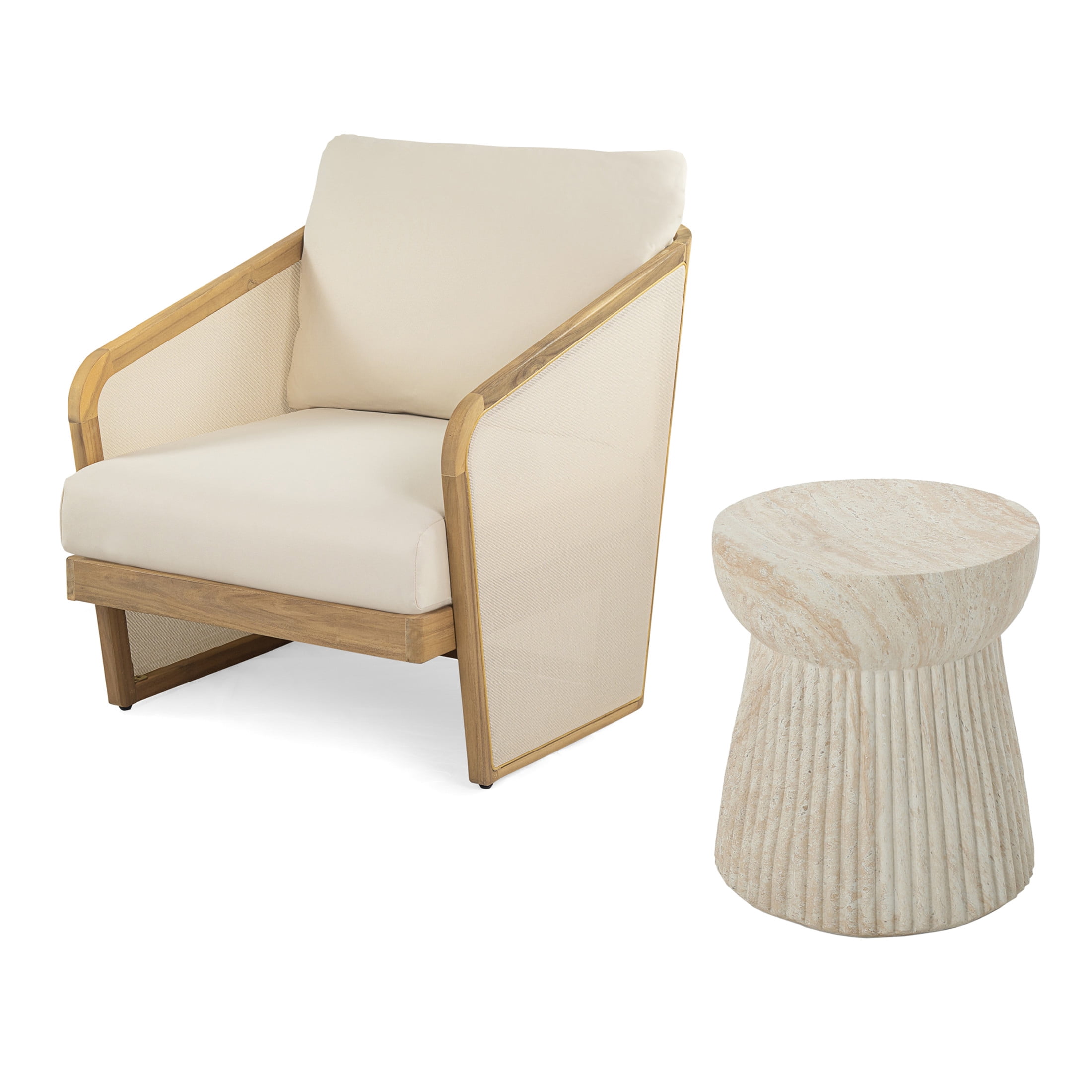 Christopher Knight Home 2-Piece Outdoor Lounge Set with Wood Reclining Chair and Concrete Side Table, Beige Cushion