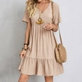 thumbnail image 3 of Women Casual Fashion Solid Color V Neck Short Sleeve Shirt Dress Swing Dress with Buttons T Shirts for Dress Women Dresses Casual Midi Shirt Dress Mature Womens Dresses Summer Mini Dress T Shirt, 3 of 6