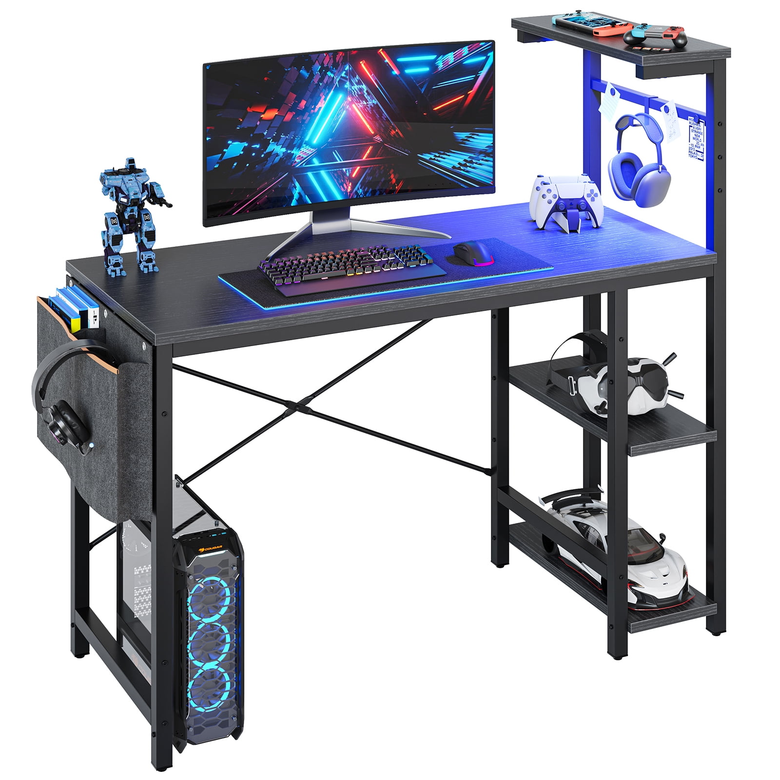 Bestier Computer Gaming PC Desk 44 inch Gamer Table with LED Lights, Reversible 4 Tier Storage Shelves, Black