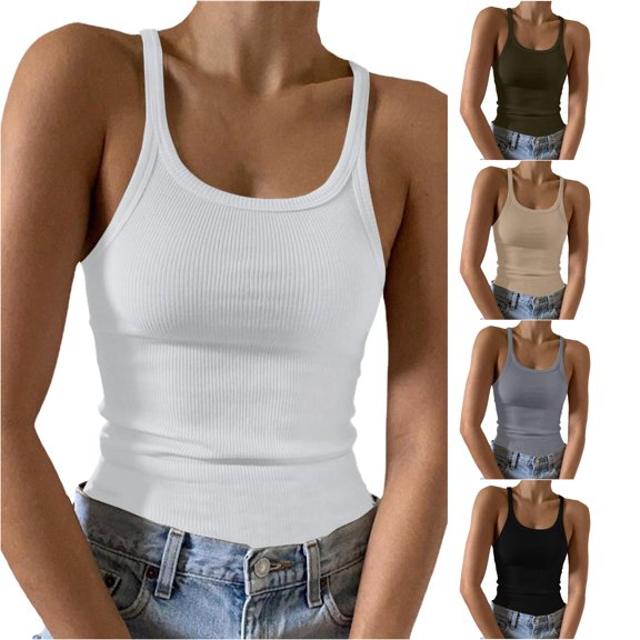 Rggeeun Womens Tank Tops Ribbed Vest Solid Color Spaghetti Strap U Neck Slim Fit Lightweight for Summer Outdoor Activities Fashion Tops,White,S