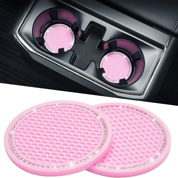Cup Holder Coasters for Car, 2 Pack Universal Anti-Slip Car Coasters with Crystal Rhinestone, 2.75 inch/6.98 cm PVC Cup Holder Insert Coaster, Pink Car Accessories (Pink with Diamond)
