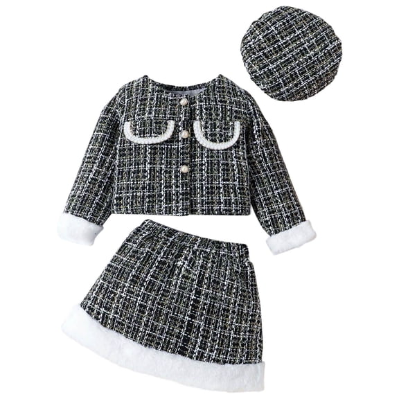 WOYY Elegant Girls Outfits Long Sleeve Plaid Jacket Skirt Beret Hat 3Pcs Set, Sizes 2-3T