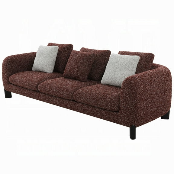 Meru Sofa w 3 Accent Pillows, Maroon Wine Red Tweed Fabric, 109 Inch