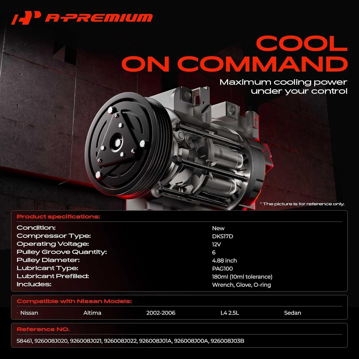 A-Premium AC Compressor with Clutch Compatible with Nissan Altima 2002-2006 L4 2.5L Sedan