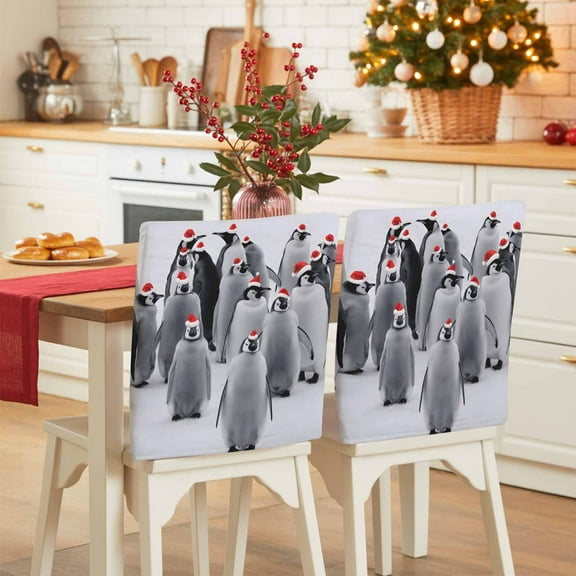 Christmas Chair Covers Set of 4 Penguins Wear Christmas Hats Abstract Cute Animals Decor Chair Back Covers Stretch Removable Washable Slipcovers Protector for Dining Room Kitchen Party Decor