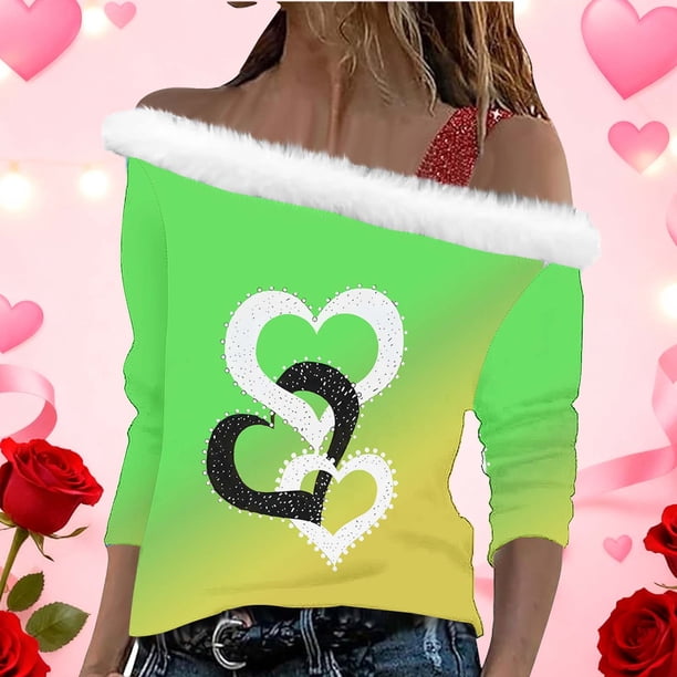 Xuyuer Valentine Shirt Women Love Heart Graphic Sloping Shoulder Suspender Shirt Funny Valentine's Day Gift Shirts Love Tops