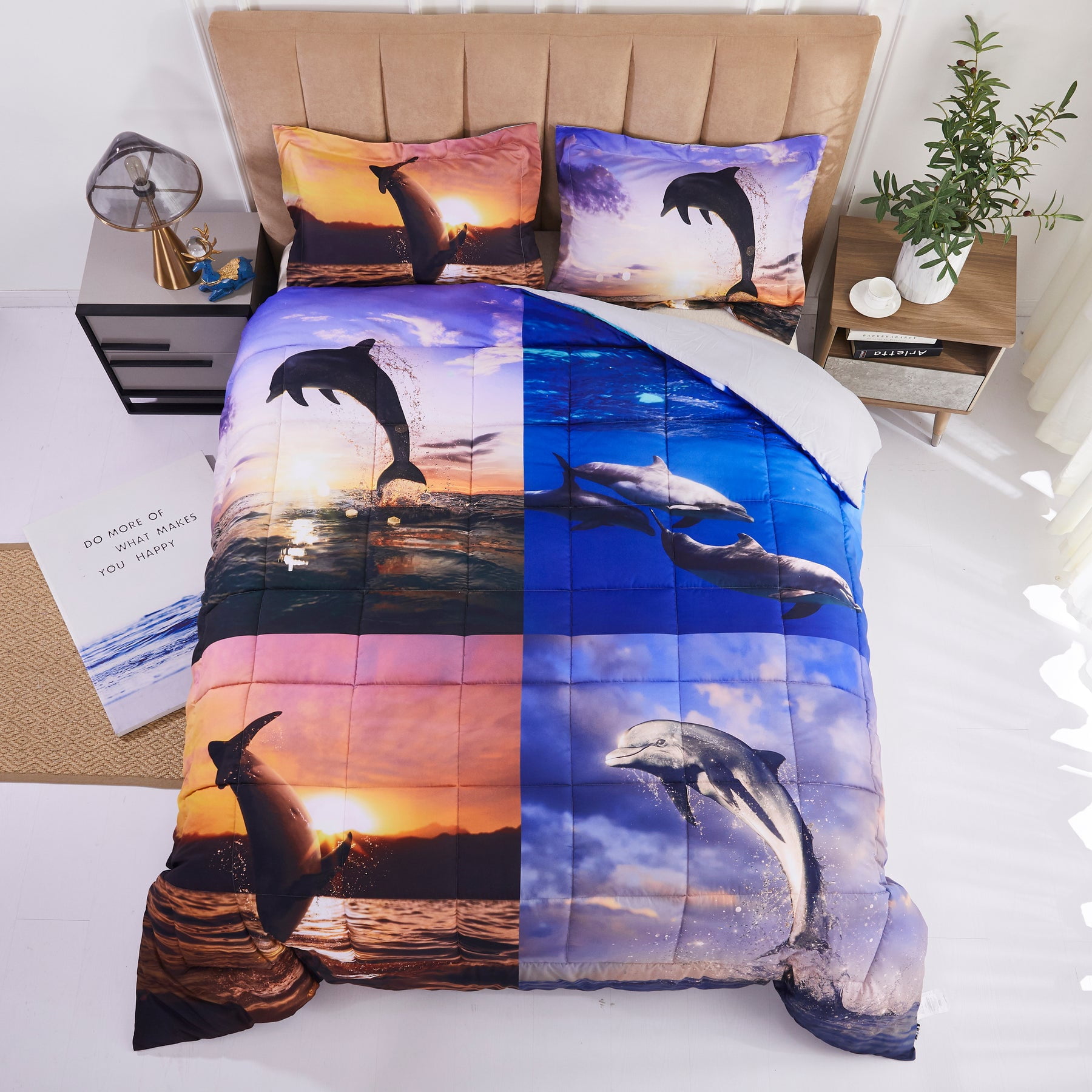 Cozyvie Dolphins Jumping out of Blue Water Print Polyester 3D Bedding Set with Duvet Cover,Flat Sheet and Pillowcases,Twin/Full/Queen Size,Blue,No Comforter Extra Long Twin 