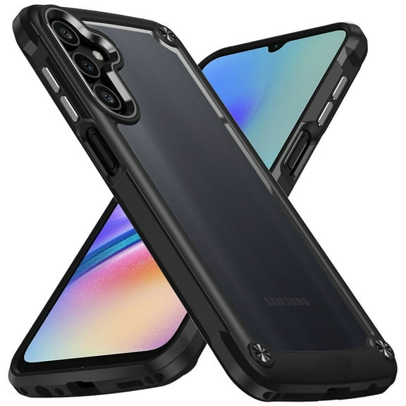 Designed for Samsung Galaxy A05S (S Version) Hybrid Transparent Rubber with Metal Buttons & Camera Edges Hard TPU Corner Bumper Phone Case Cover [Black]