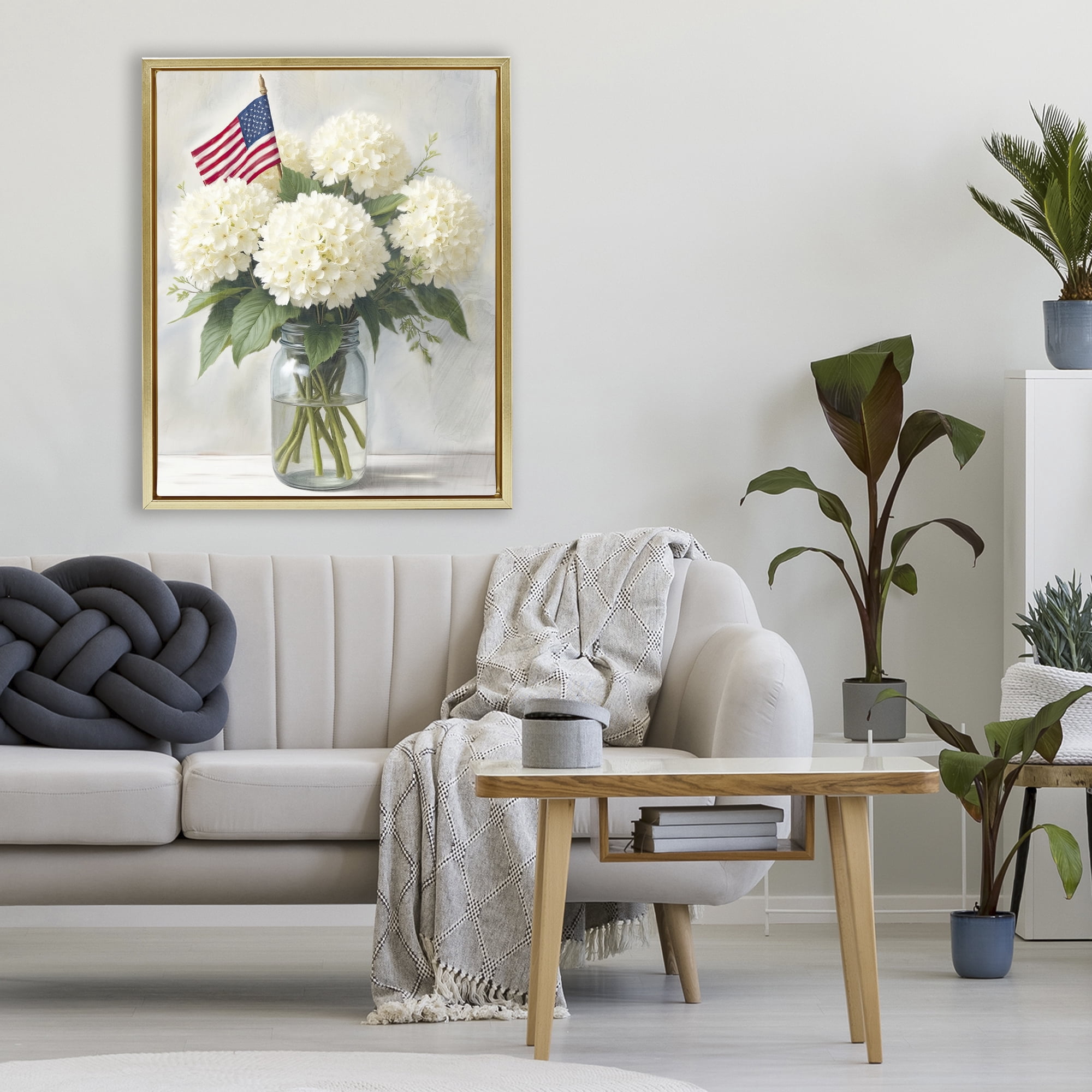 Stupell Industries Festive Patriotic Hydrangea Gold Framed Floater Canvas Wall Art, design by Kim Allen