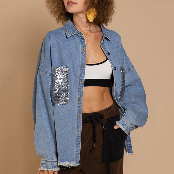 Vedolay Womens Tops Jean Jacket for Women Fashion Casual Long Sleeve Chest Pockets Coat,Blue XL