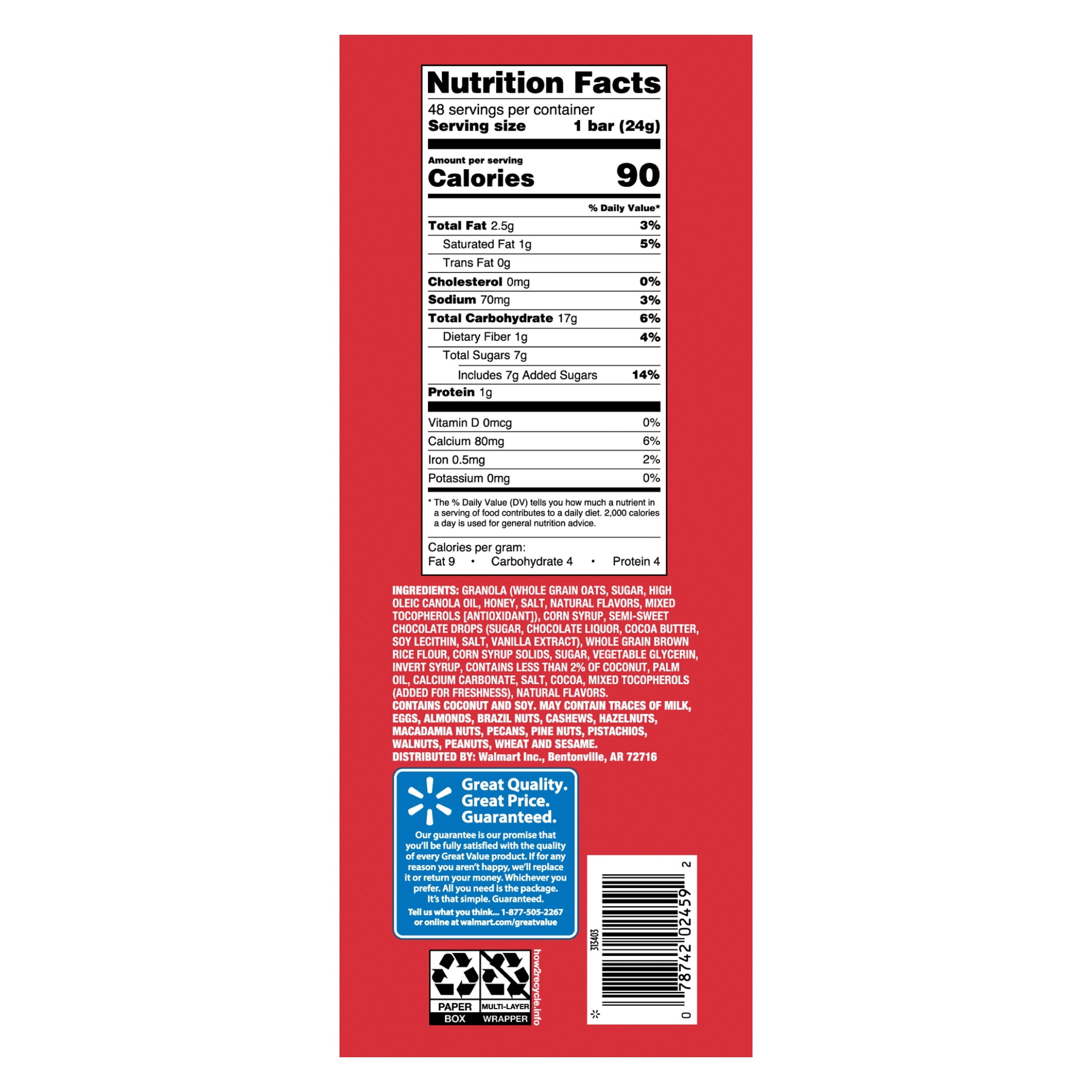 Great Value Barras de Granola Masticables con Chispas de Chocolate Tamaño Familiar, 0.84 oz, 48 Unidades