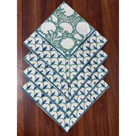 New Era Creation Sage Green and White Indian Floral Hand Block Printed Cotton Cloth,Dinner, Wedding Events Home Party,Christmas Napkins Gift