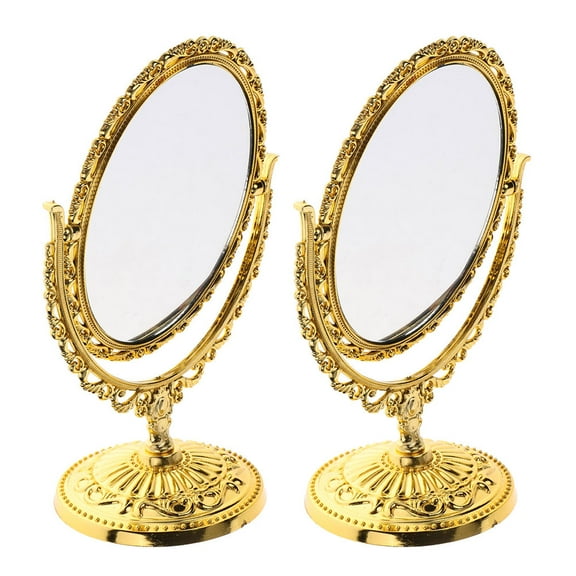 MLINS 2pcs Vintage Double Sided Makeup Mirror Desktop Antique European Style Swivel Oval Tabletop Mirror for Vanity Table Use